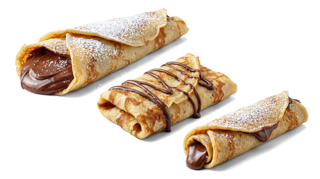 three delicious chocolate crepes dusted with powdered sugar and drizzled with chocolate syrup, presented on a transparent background.