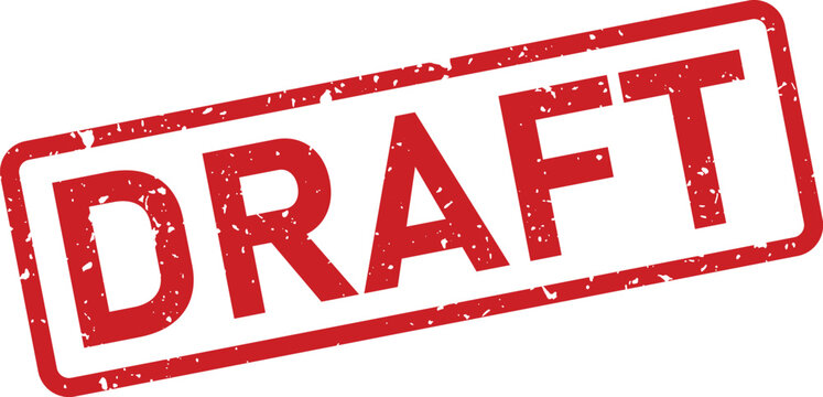 A red distressed grunge style rubber stamp with the word DRAFT centered on a white surface