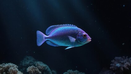 Fototapeta premium A vibrant, iridescent fish swims serenely in dark ocean waters near coral, illuminated by light