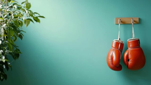 Pair of red boxing gloves hanging on wooden hook with green wall background