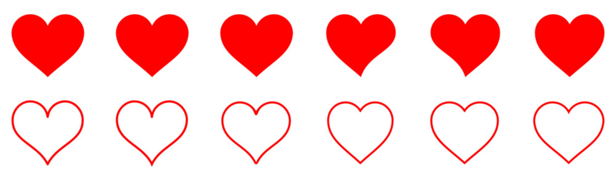 heart shape collection showing filled and outline styles arranged in a clean set. simple romantic symbol shapes commonly used for valentine, love, greeting, decoration, sticker, and web element design