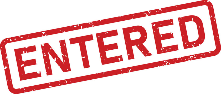 A red distressed rubber stamp with the word ENTERED positioned diagonally on a clean white surface