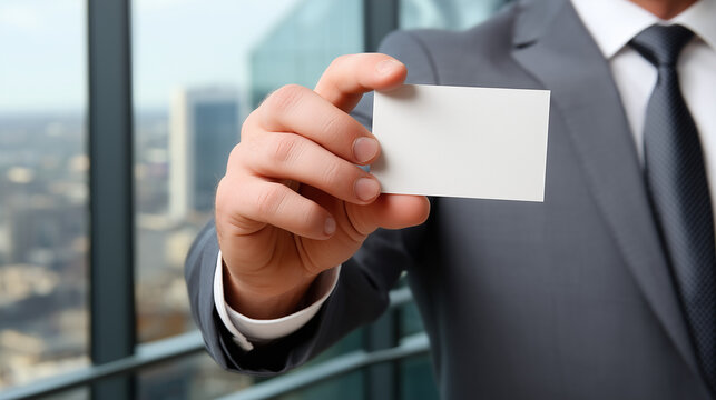 Businessman holding a blank white business card. Professional man in a suit offering contact information. Corporate identity mockup with copy space