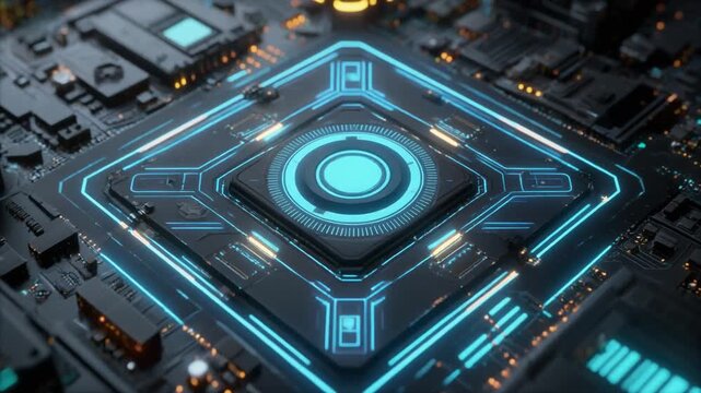 Glowing blue circuit board with futuristic design in dark background