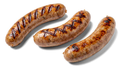 three succulent, grilled sausages are artfully arranged on a stark transparent background, highlighting their texture and barbecue grill marks.