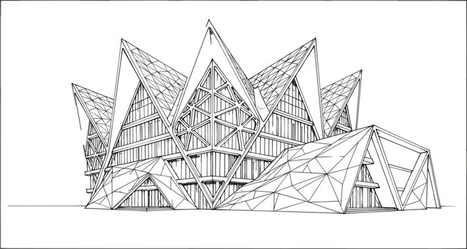 Artistic architectural perspective of a contemporary cultural center featuring a jagged jagged roofline, deconstructivist crystalline geometry, and a diagonal structural grid.