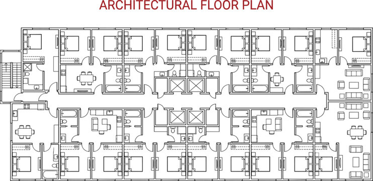 Comprehensive architectural floor plan for a multi unit residential apartment building or hotel featuring symmetric studio room layouts.