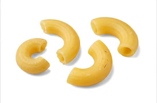 a realistic photograph of four elbow macaroni pasta pieces arranged in a scattered formation against a stark transparent background, showcasing their curved shape and textured surface.