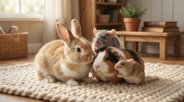 Cute rabbit, guinea pig, and rat playing together on a cozy rug  