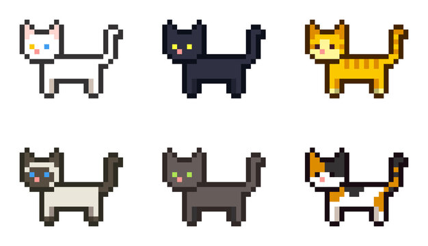 8-bit pixel art various cat breeds set