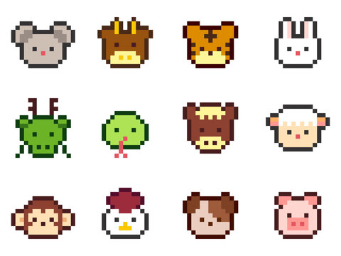 8-bit pixel art Chinese Zodiac animal face icons set