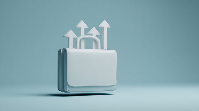 Briefcase transforming into upward arrows, minimal clean background with strong copy space, ideal for employment support, economic recovery, and workforce reports