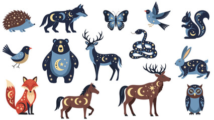 Obraz premium Whimsical collection of forest animals decorated with stars and moons in a magical celestial theme for children and fantasy lovers.
