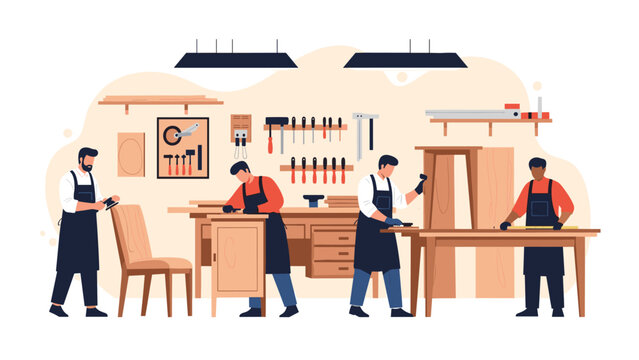 Carpenters working in a carpentry workshop building wooden furniture like chairs and cabinets with various hand tools and equipment.