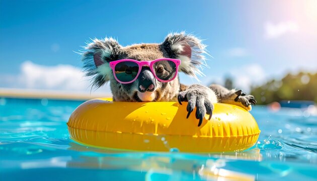 Koala with sunglasses relaxing on yellow pool float under sunny sky symbolizing humor leisure and whimsical summer fun