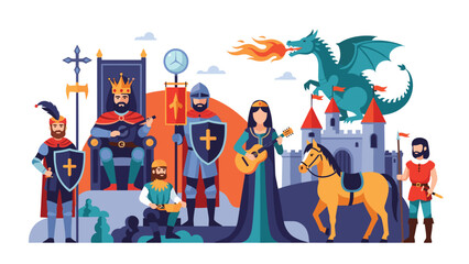 Naklejka premium Fantasy medieval kingdom scene with a king, castle, dragon, musician, knight, horse, and various royal court characters.