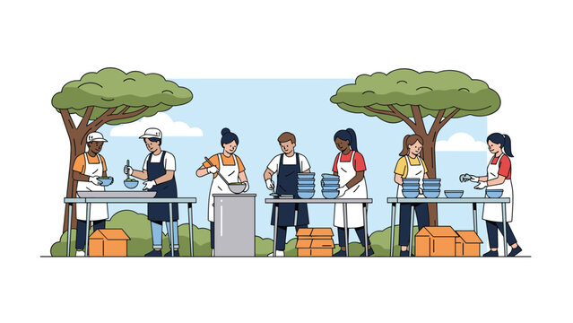 Group of diverse volunteers serving food to community members at long tables in a park under green trees during a charity event.