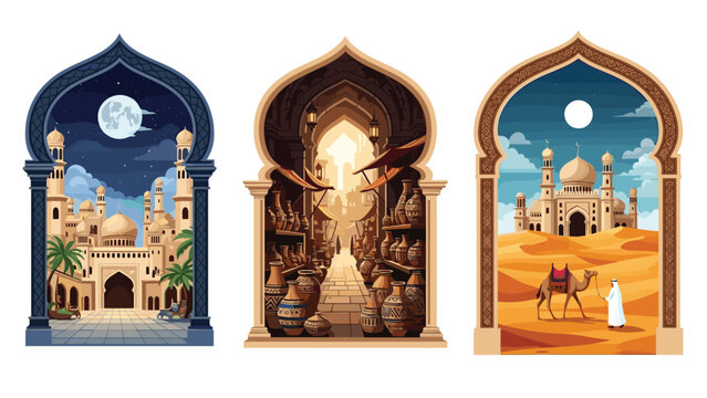 Three triptych scenes through Islamic arches showing a traditional city market and desert with camel at night and day.