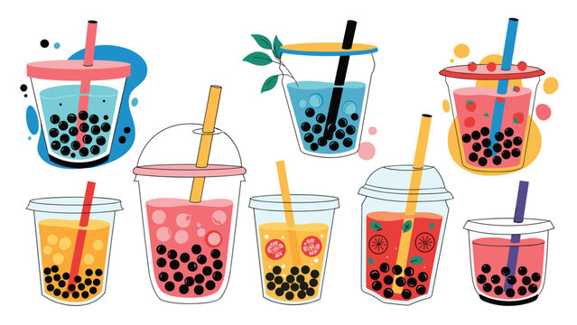 Vibrant collection of colorful bubble tea drinks in different cup styles with assorted fruits and straws on a white background.