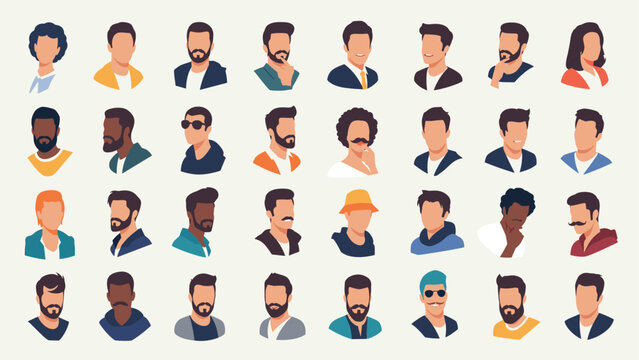 Large grid of diverse male avatars featuring different ethnicities, hairstyles, facial hair, and modern clothing styles.