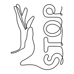 Stop hand sign, hand-drawn attention warning danger signal, prohibition hand palm message symbol, no don't continuous drawing contour gesture outline. Editable stroke. Isolated. Vector illustration