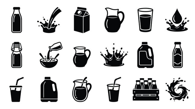 Collection of black and white vector icons representing various milk containers, pouring milk, and milk splashes, suitable for graphic design and branding.