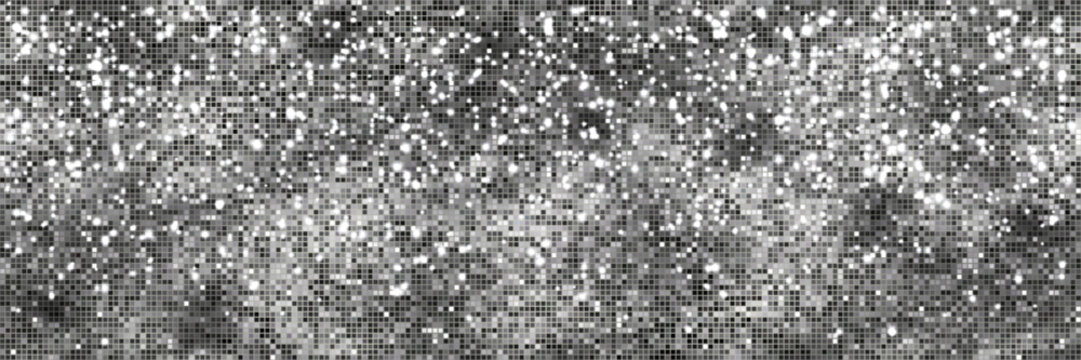 Silver mirror glow disco ball bg. Glittering pattern with light spts. Party or nightclub mosaic wall decor. Sparkle retro greytone background. Vector illustration.  