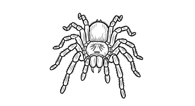 Detailed black and white line art of a tarantula spider showing its hairy legs and anatomy