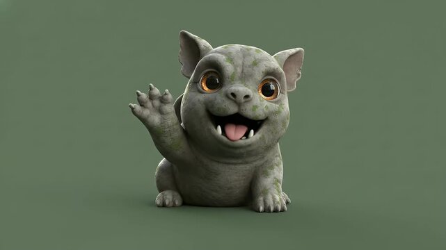 Adorable Fantasy Creature Waving with Tongue Out on Green Screen, Playful Cartoon Character for VFX and Animation.