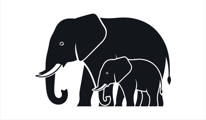 Fototapeta premium A black silhouette of a mother elephant and her calf standing together in a simple yet elegant illustration style