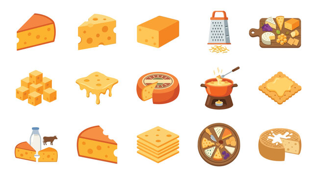 A vibrant collection of various cheese types and cheese-related items, showcasing different forms and preparations.