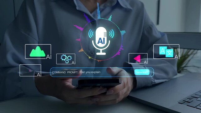 Woman interacting through microphone with AI Agent voice chat. AI assistant voice chat interface. Digital communication, speech recognition, and smart technology enabling natural conversation.