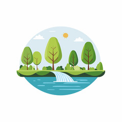 Fototapeta premium Vibrant illustration of a waterfall flowing into a serene lake surrounded by lush green trees and sunny skies