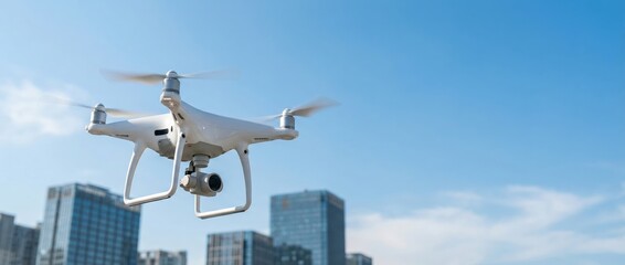 Drone flight capture over urban cityscape aerial photography modern architecture clear sky dynamic perspective technology advancement in urban environments