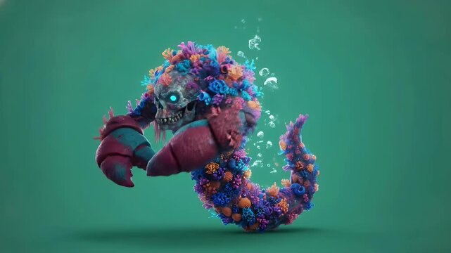 Intricate coral reef skeleton monster character with crab claws and glowing blue eyes, floating on green screen.