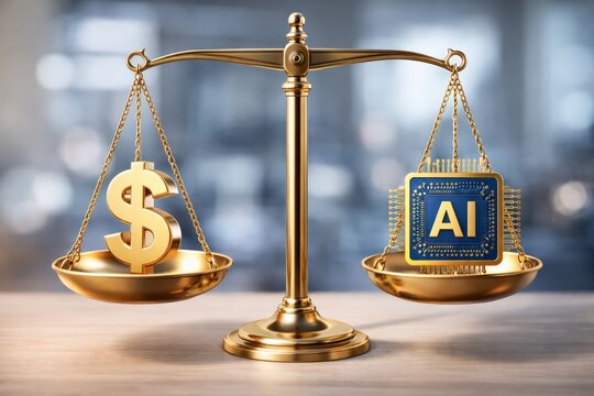 Golden balance scale weighing a dollar symbol against an AI chip. Concept of AI regulation, cost vs value, fintech ethics, automated decision making and tech economy