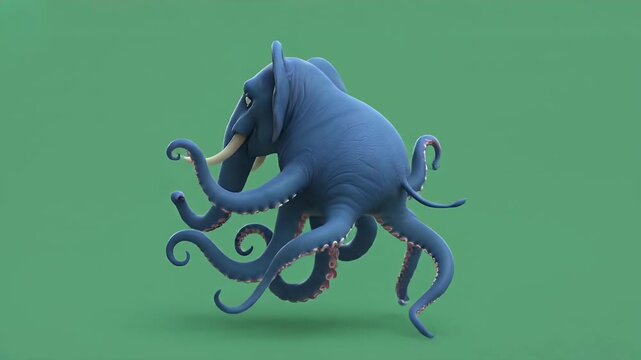 Unique blue elephant character with octopus tentacles, a creative animal hybrid, floating on green screen background.