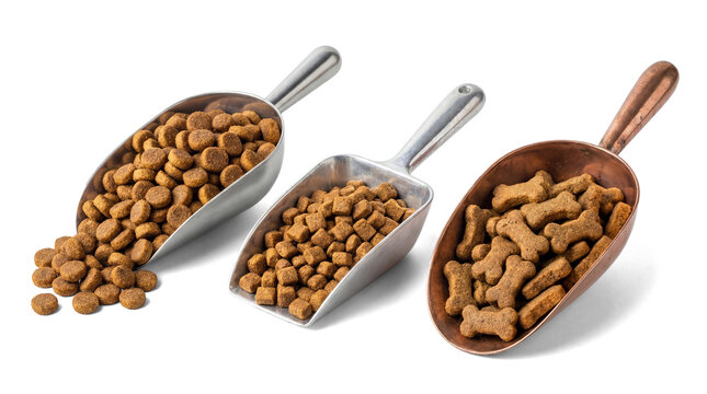 three metal scoops filled with dry dog food and bone-shaped treats on a transparent background.