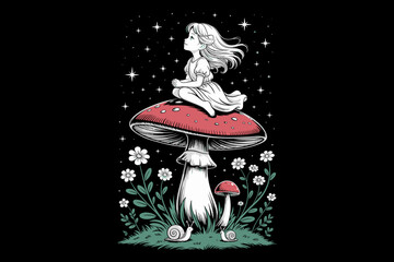 Fototapeta premium A whimsical illustration of a girl sitting on a large red mushroom under starry night sky