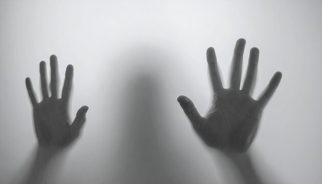 Human silhouette pressing against a translucent surface, hands visible
