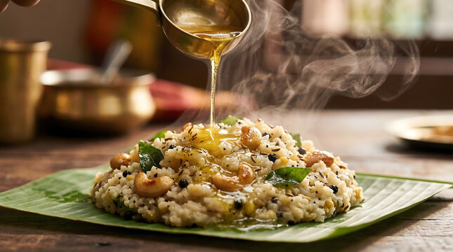 Ven Pongal with Ghee Drizzle on Banana Leaf &ndash; Traditional South Indian Breakfast Dish Close-Up