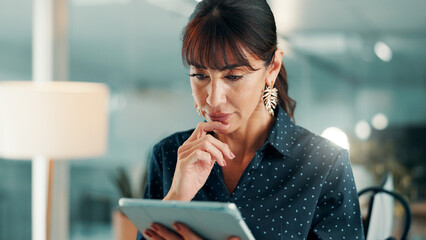 Finance, tablet and thinking with business woman in office for accounting or investment. App,...