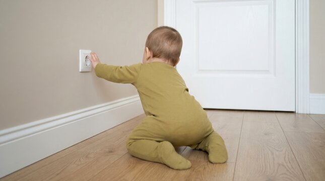 Curious Caucasian baby crawling on wooden floor and reaching for a wall electrical outlet. Child safety, home risk, and parental supervision. Baby in danger