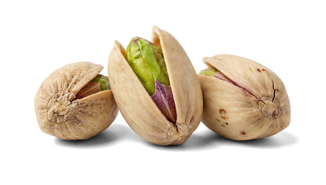 three pistachios with one open, showcasing the green nut, isolated on a transparent background.