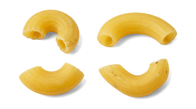 four uncooked elbow macaroni pasta shapes photographed in detail against a transparent background, highlighting their distinctive curved tubular structure.