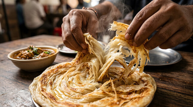 Flaky South Indian Parotta Being Torn by Hand with Curry &ndash; Traditional Street Food Close-Up