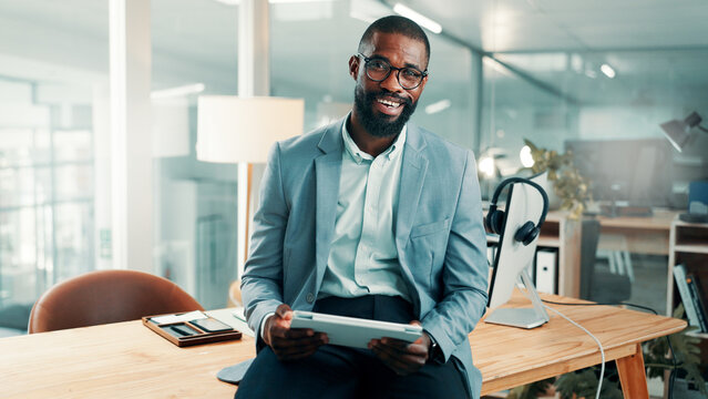 Business, happy and portrait of black man with tablet for financial consultant, about us and career. Corporate, finance and person in office with digital tech, pride or ambition as investment advisor