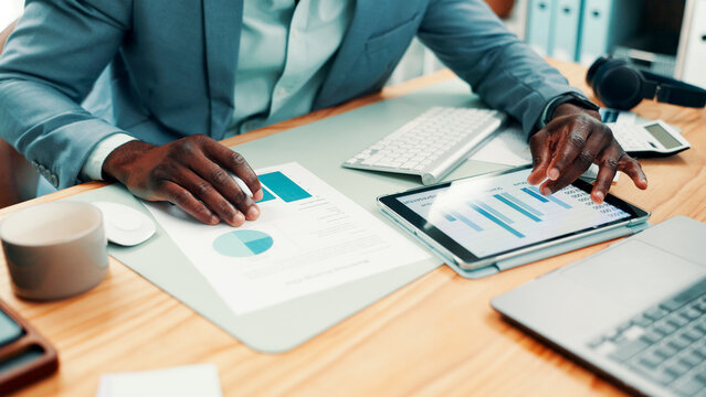 Finance, paper or hands in office with tablet, revenue check or data analysis for funding pitch. Review, man and analyst in agency with tech, financial comparison or stats report for investment plan.