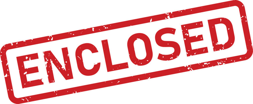 A red textured rubber stamp with the word ENCLOSED shown diagonally on a plain white surface