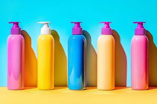 selective focus skincare bottles for uv protection on display